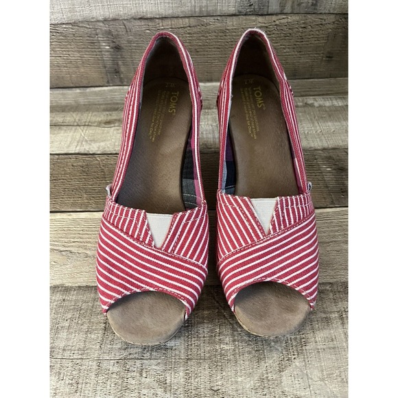 Toms Red and White Striped Peep-Toe Wedges Espadrilles Size W7 - Picture 2 of 7